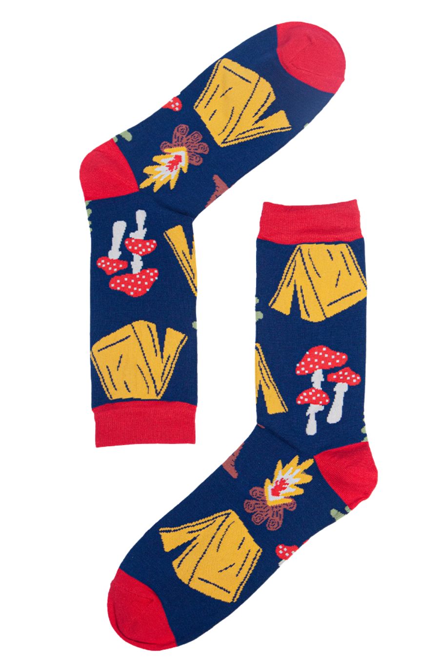 blue, red dress socks with tents, toadstools, campfires and logs