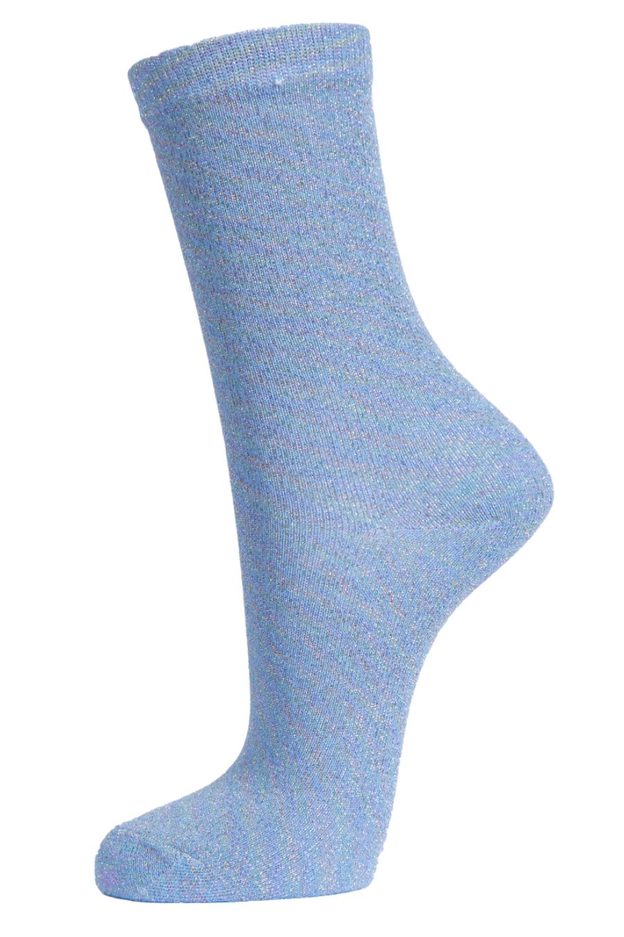 blue ankle socks with an all over multicoloured rainbow glitter shimmer