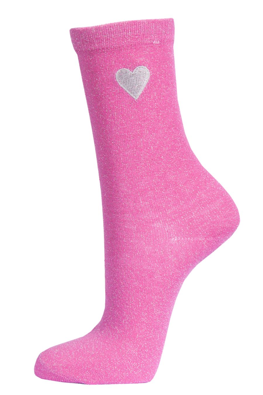 fuchsia pink and silver glitter socks with an embroidered love heart on the ankle