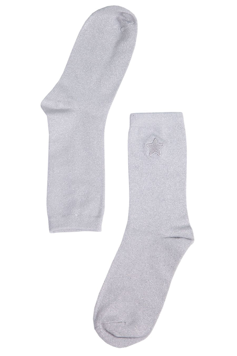 white, silver glitter socks with silver embroidered star