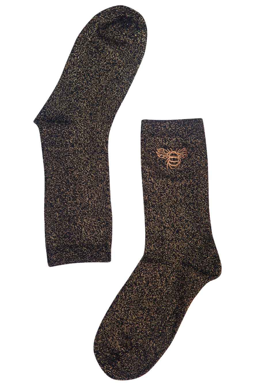 black and gold glitter socks with gold embroidred bee