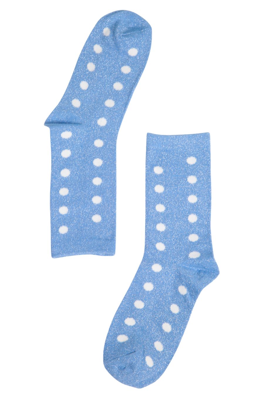 blue and white polka dot ankle socks with an all over silver glitter shimmer