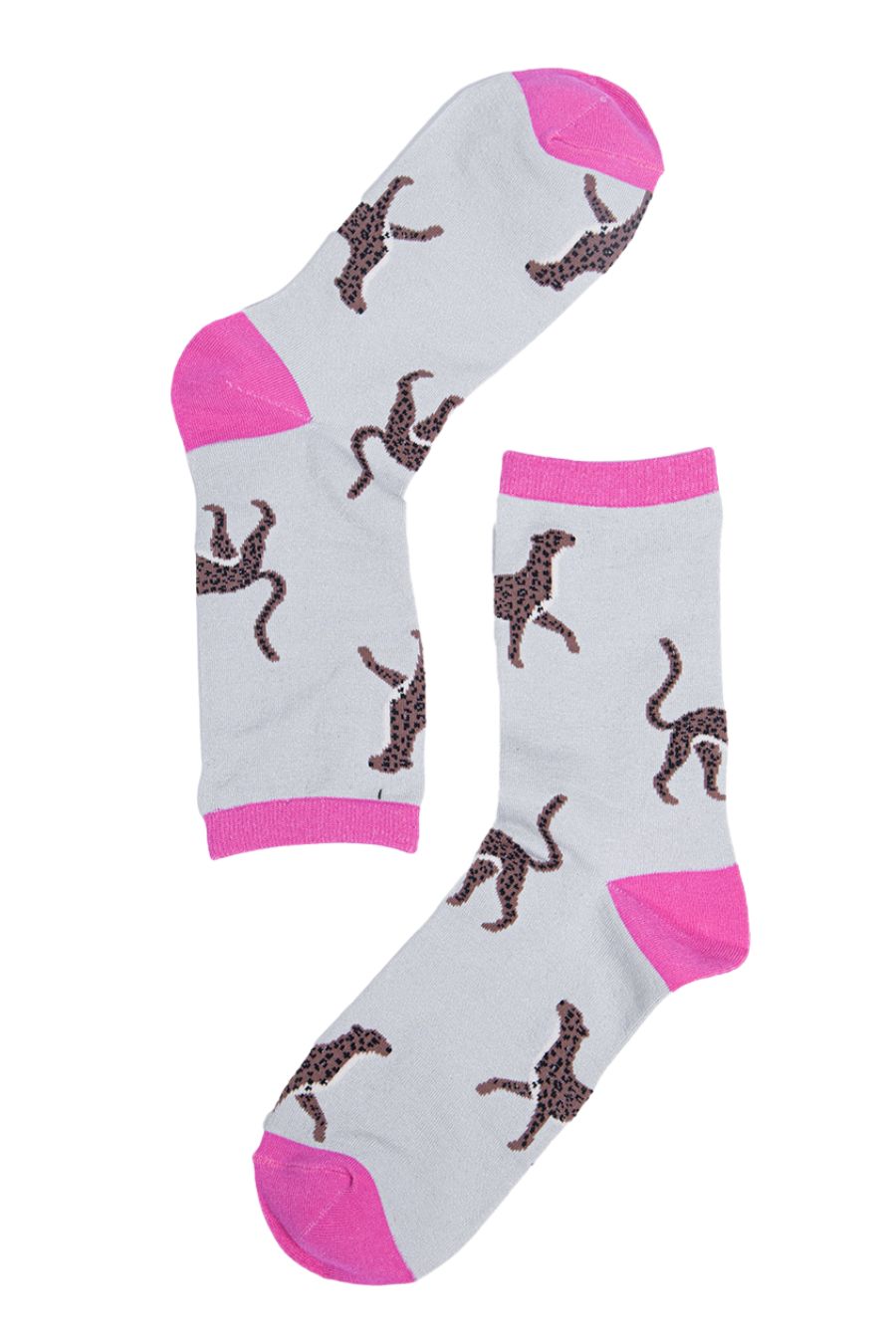 grey, pink bamboo socks with cheetah cats on them