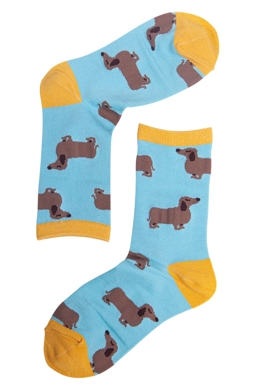 blue and yellow bamboo ankle socks with miniature dachshunds