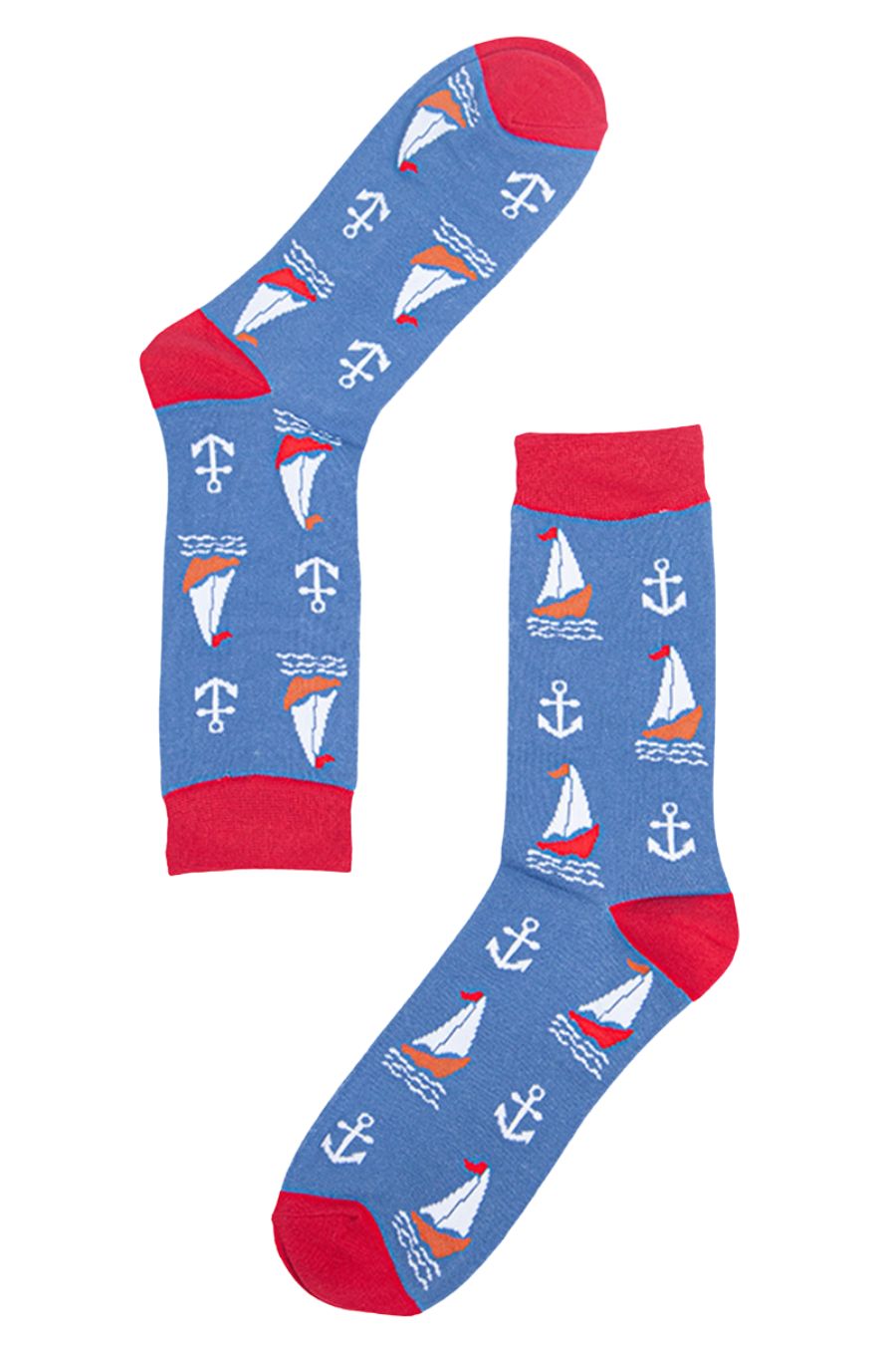 Mens blue and red bamboo socks lying flat. They are patterned with sail boats and anchors.