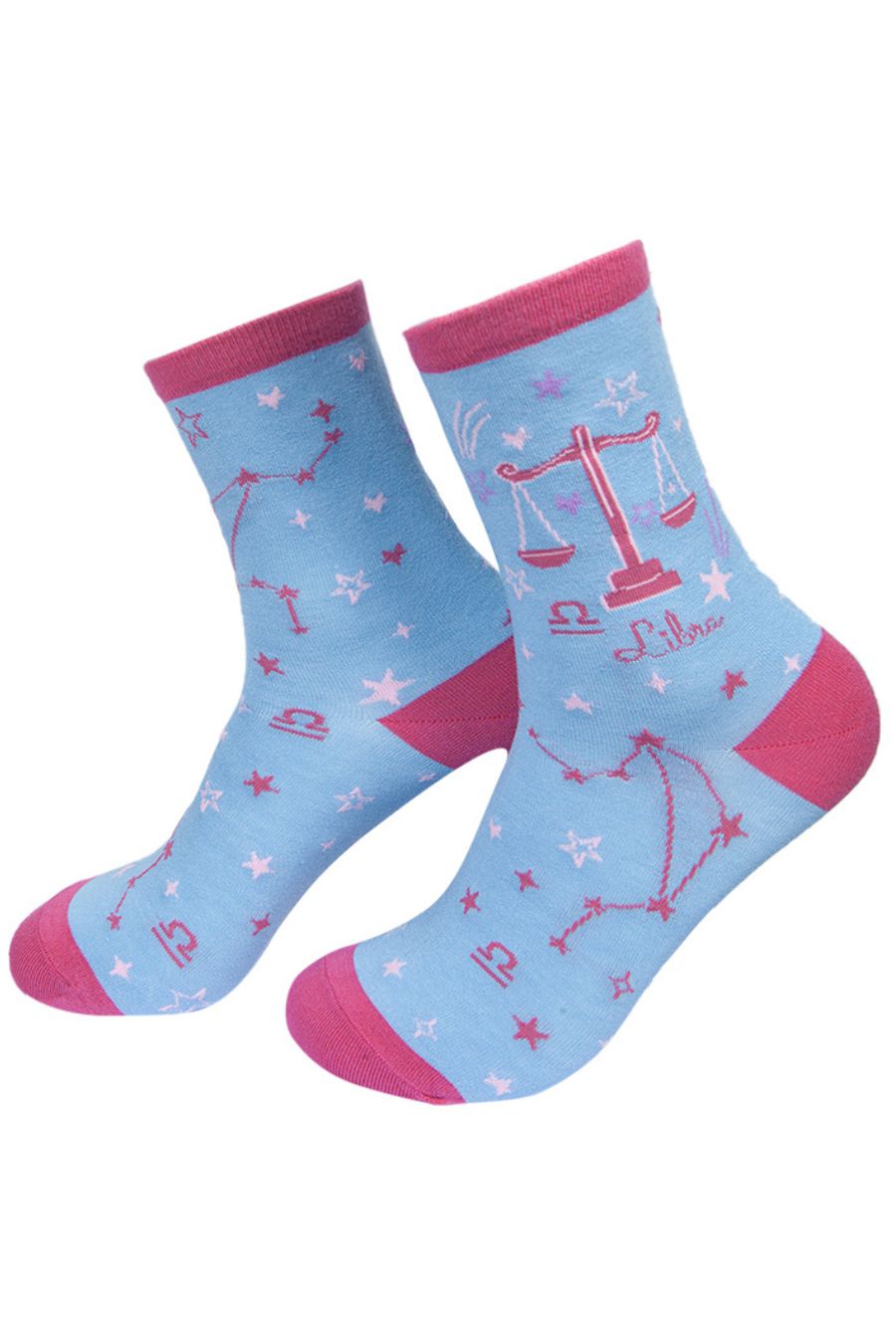 blue, pink bamboo socks showing the star sign and constellation of libra