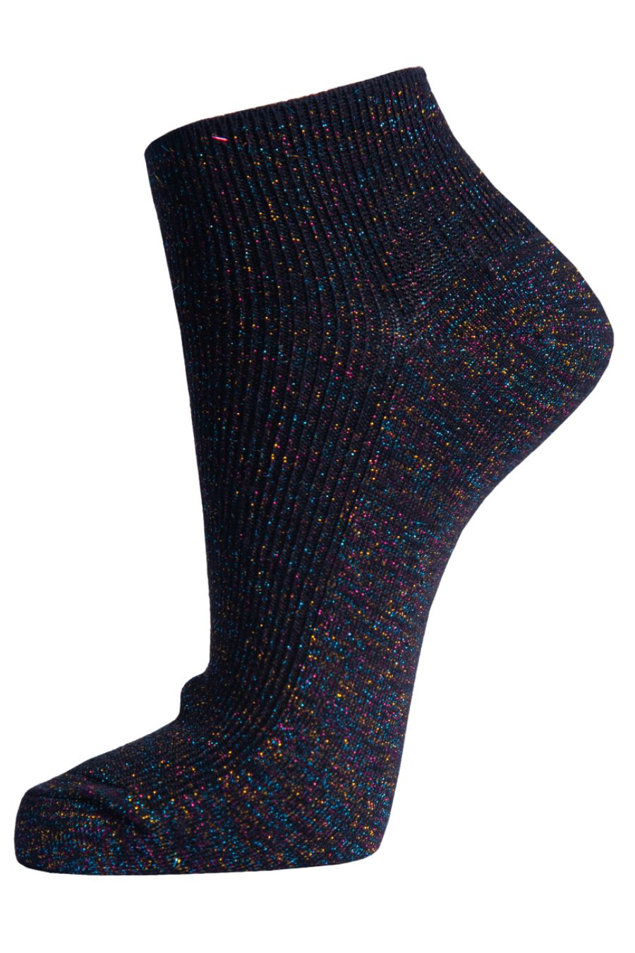 black trainer socks with an all over multicoloured rainbow glitter effect
