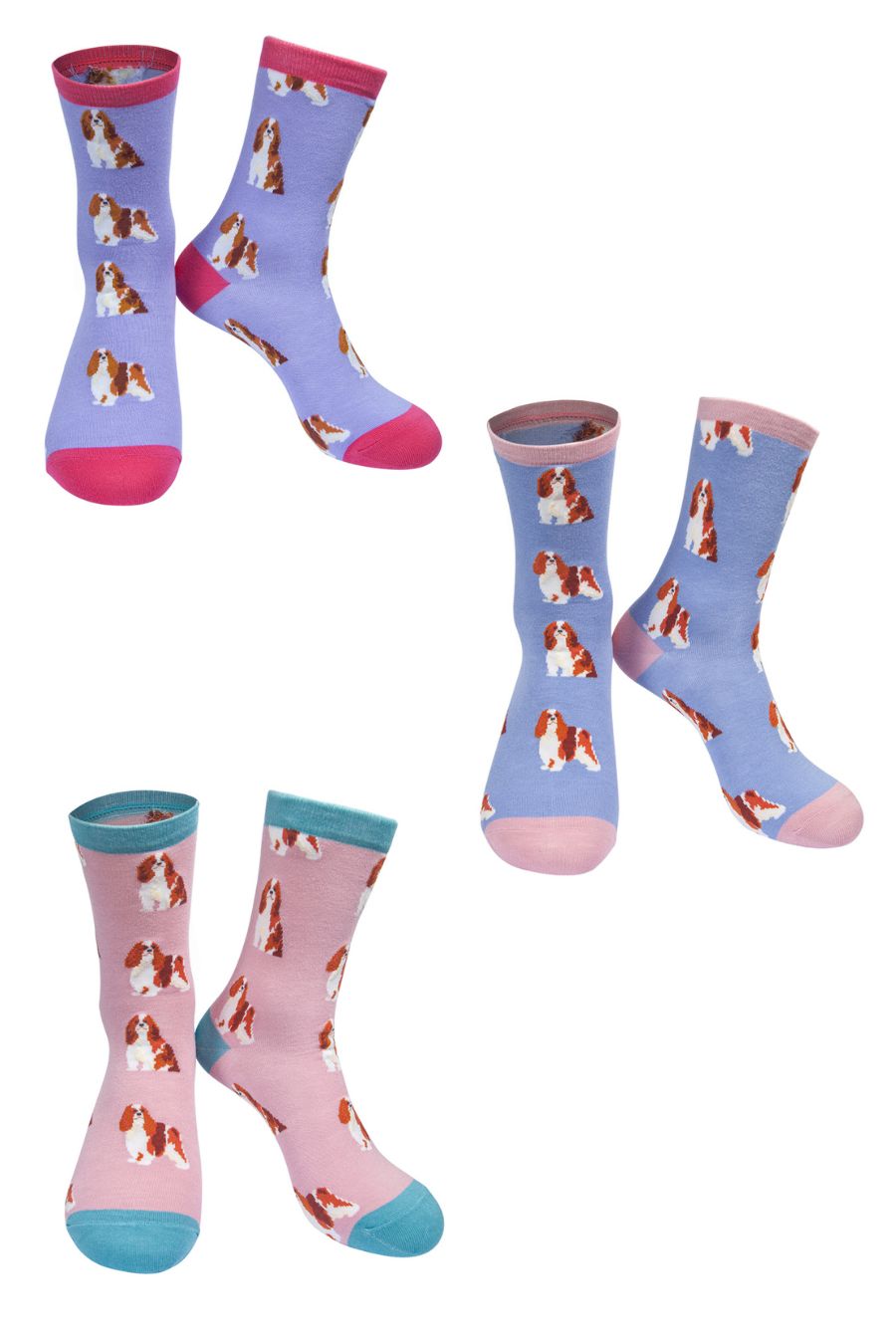 Three King Charles Spaniel Womens Bamboo Socks, Pink, Purple and Lilac