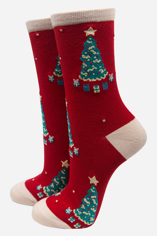 Red Women's Christmas Tree Print Bamboo Socks