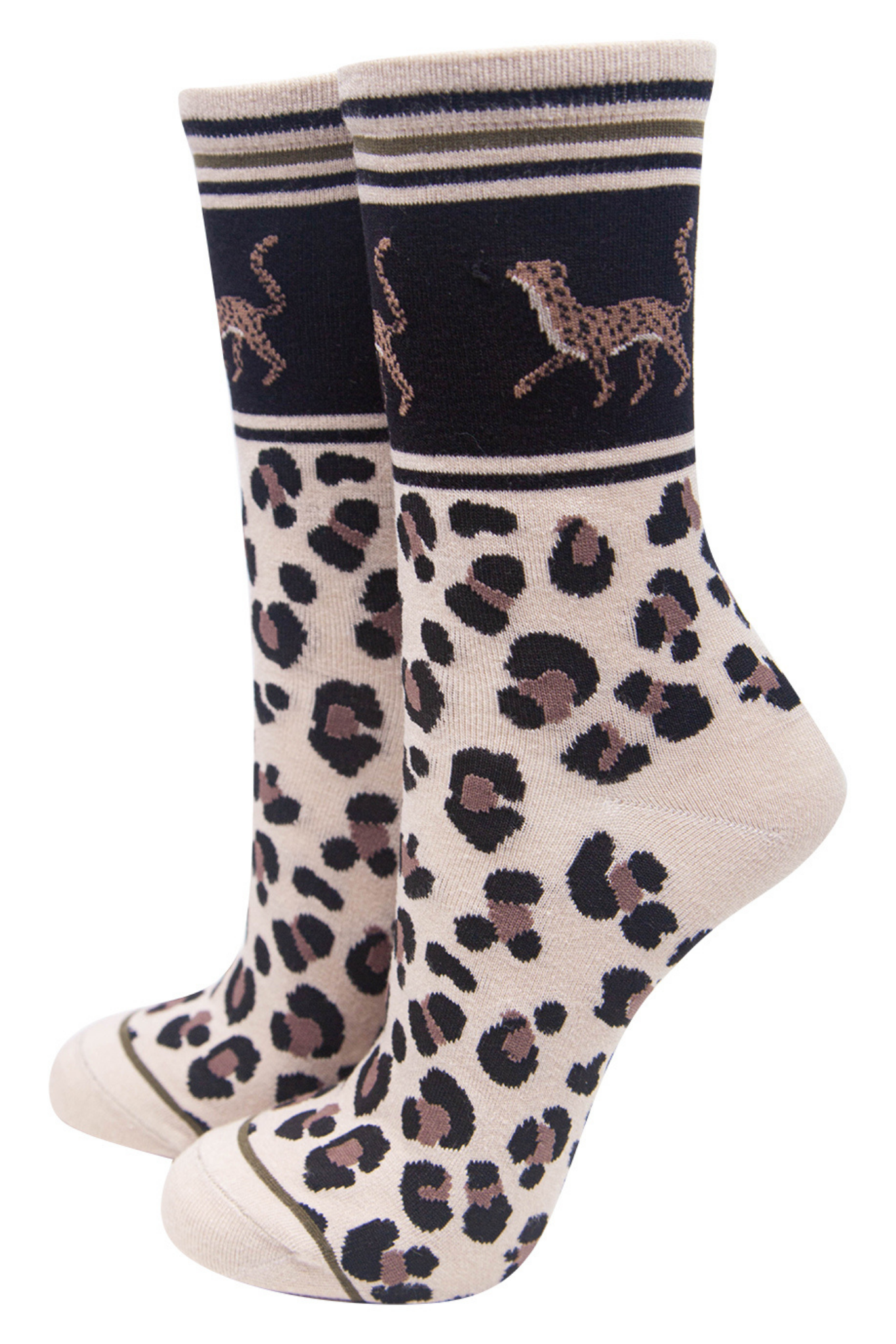 cream and beige cheetah print ankle socks with cheetah cats around the ankles