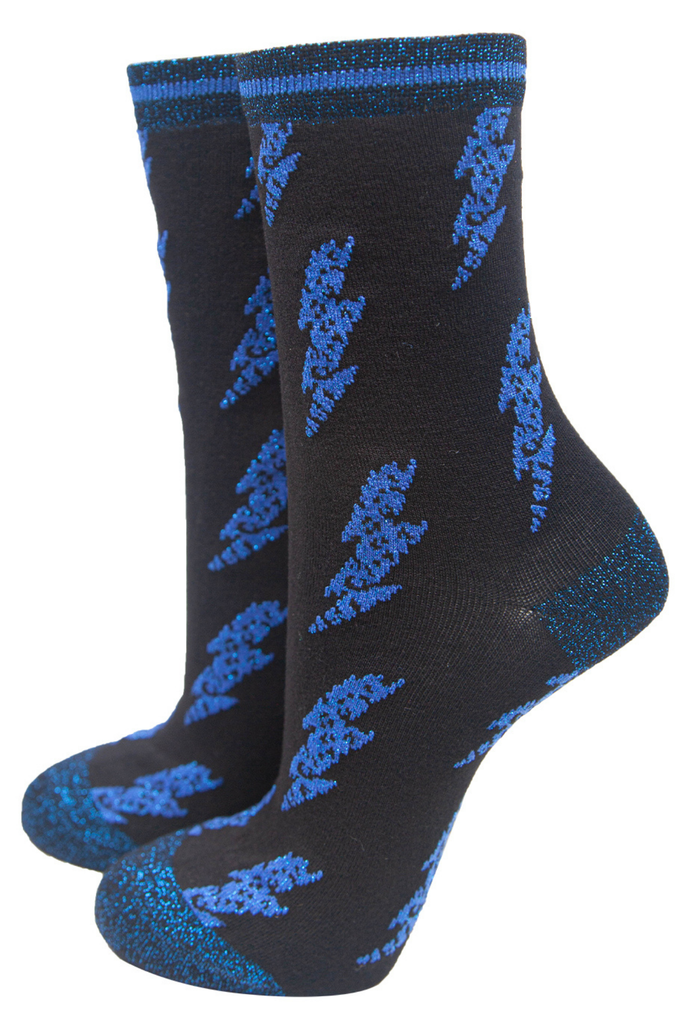 black ankle socks with blue lightning bolts all over and a blue glitter heel, toe and trim