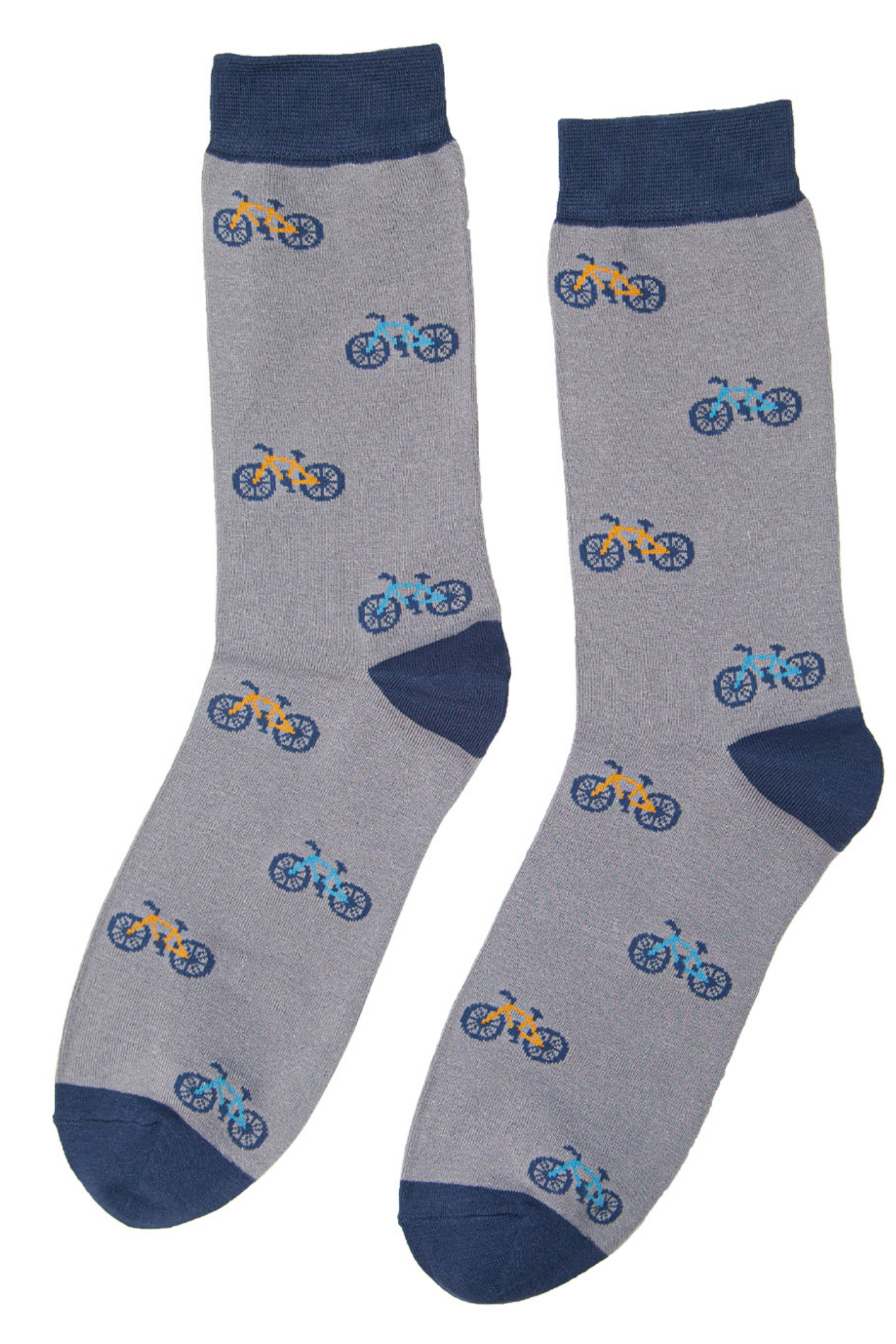 grey socks with navy blue heel, toe and trim with all over bicycle print