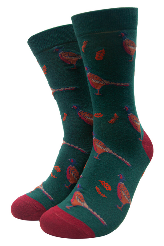 green and red dress socks with woodland pheasants and autumn leaves