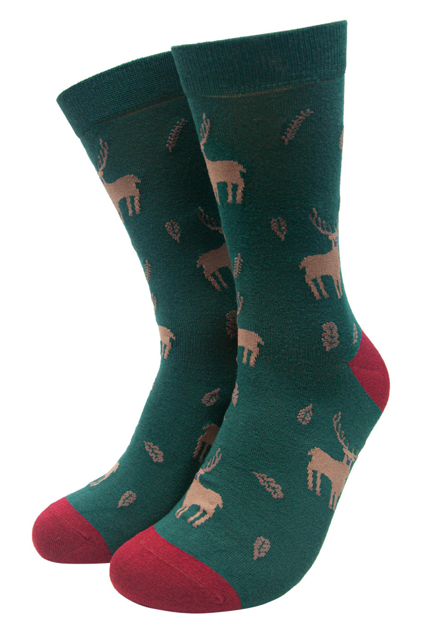 green dress socks with an all over stag and leaf pattern