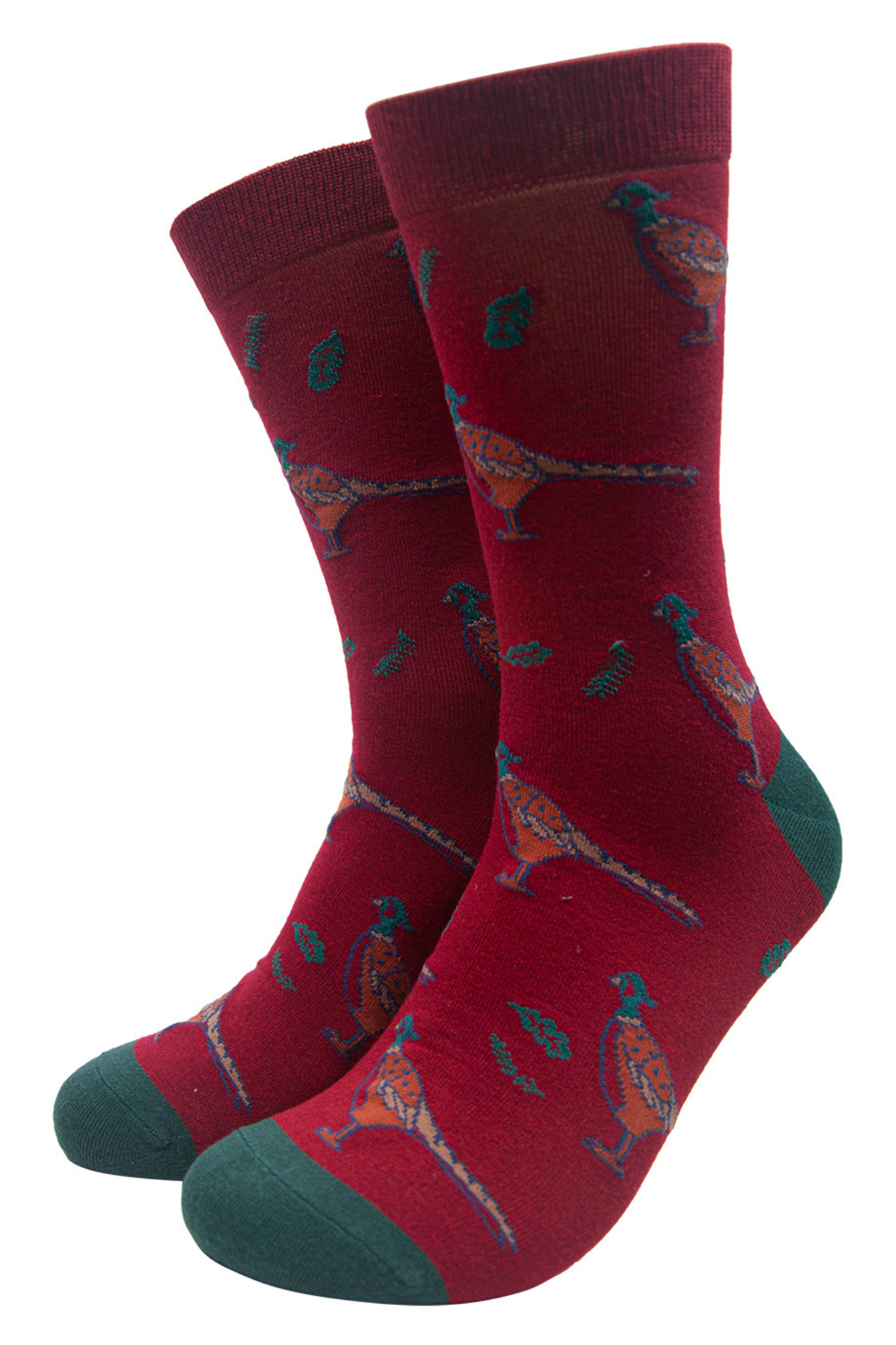 red dress socks with woodland pheasants and autumn leaves