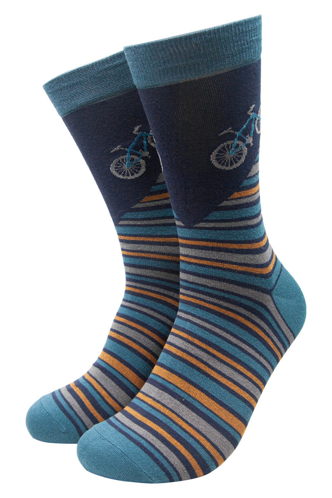 teal blue bamboo socks with stripes and a mountain bike
