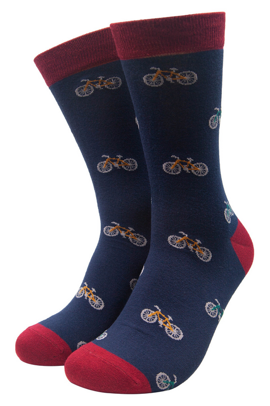 navy blue and burgundy dress socks with all over print of mountain bikes