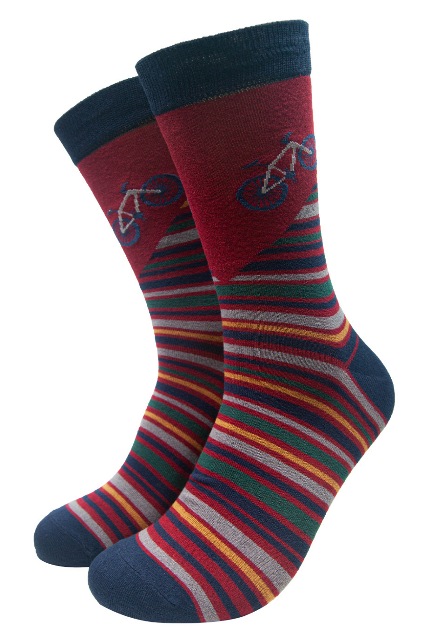 burgundy, and multiicoloured stripe bamboo socks with a mountain bike on the ankle