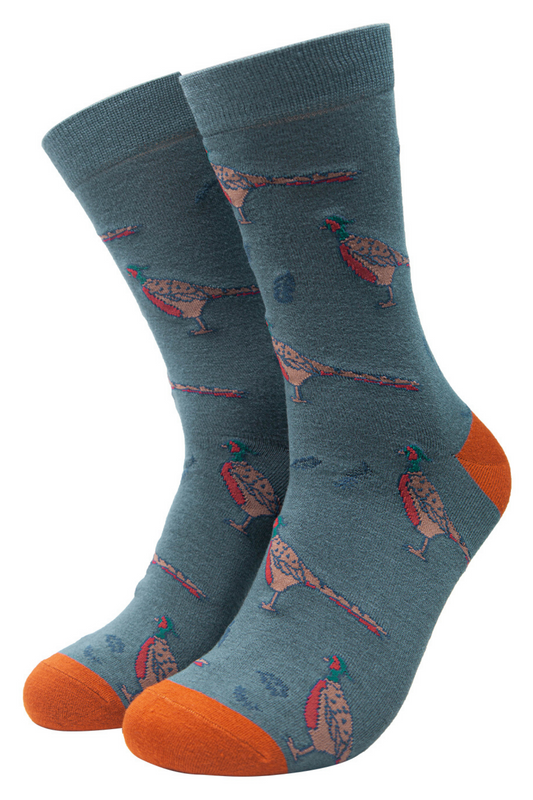 teal blue dress socks with an all over pheasant print