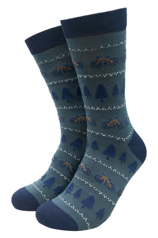 blue fair isle style bamboo socks with trees and mountain bikes