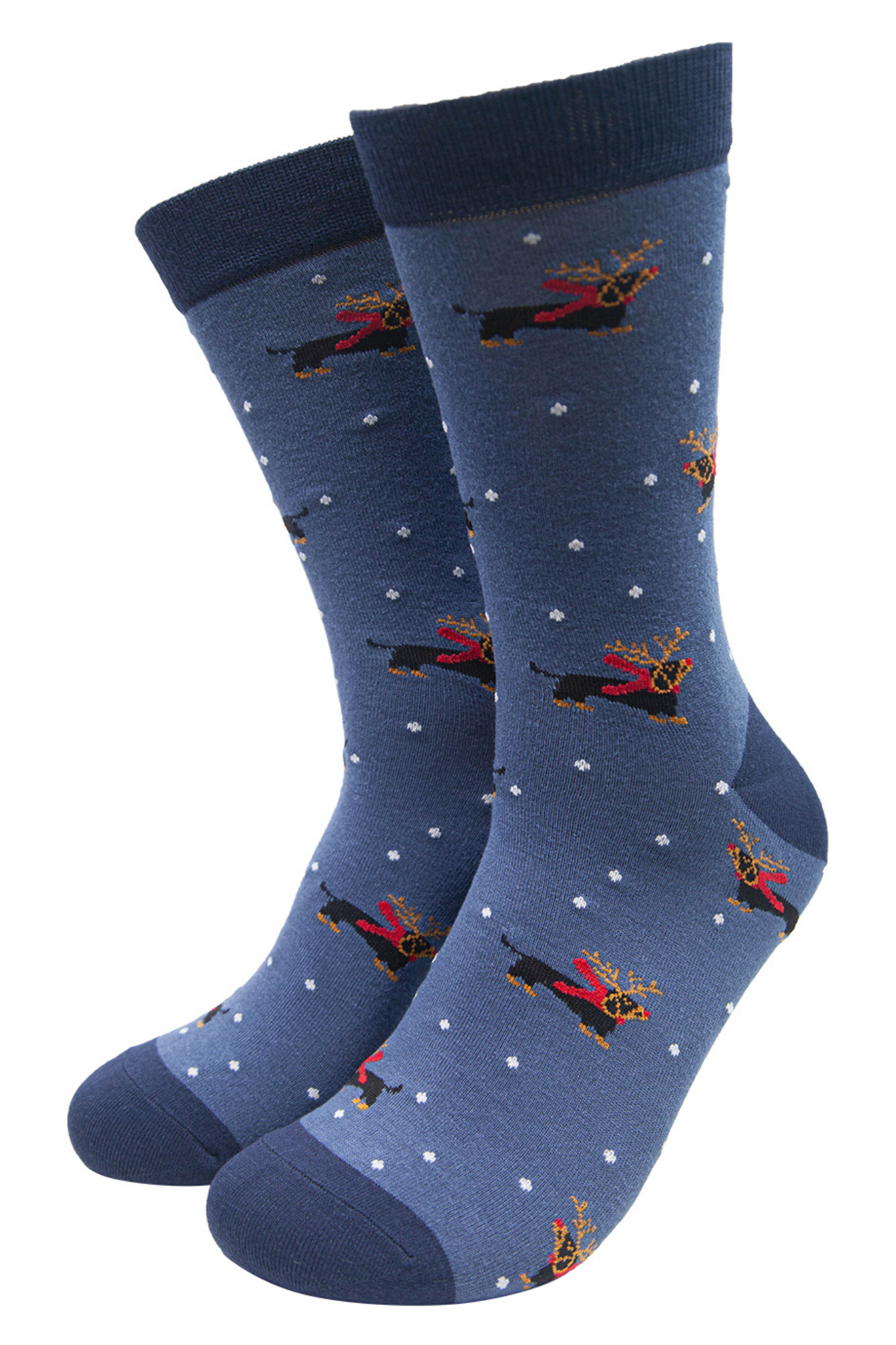 blue dress socks with a pattern of sausage dogs wearing reindeer antlers