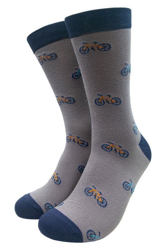 grey dress socks with all over blue and yellow mountain bikes