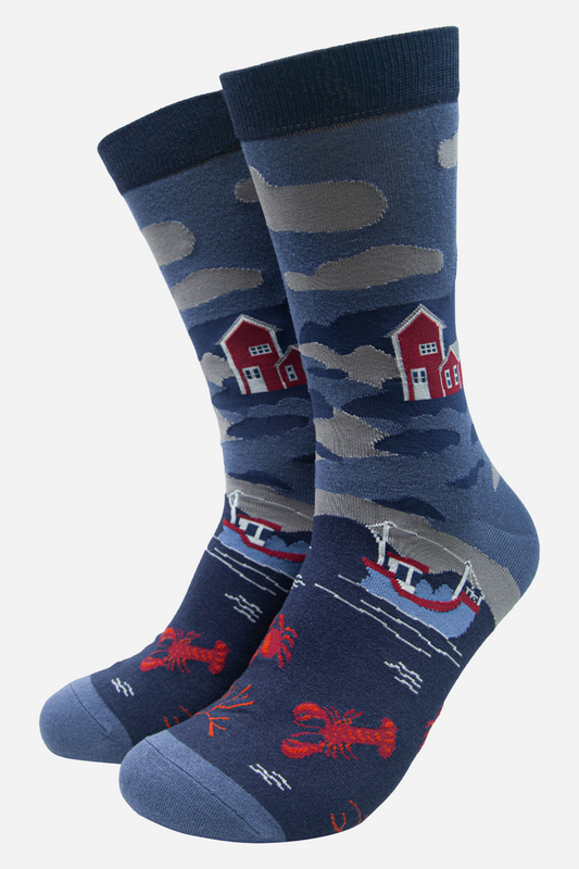 Men's Bamboo Socks -Blue, Harbour Lobsters
