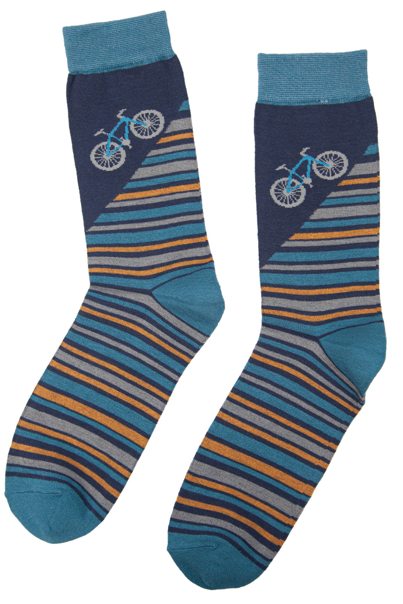 blue and yellow striped dress socks with a mountain bike on the ankle
