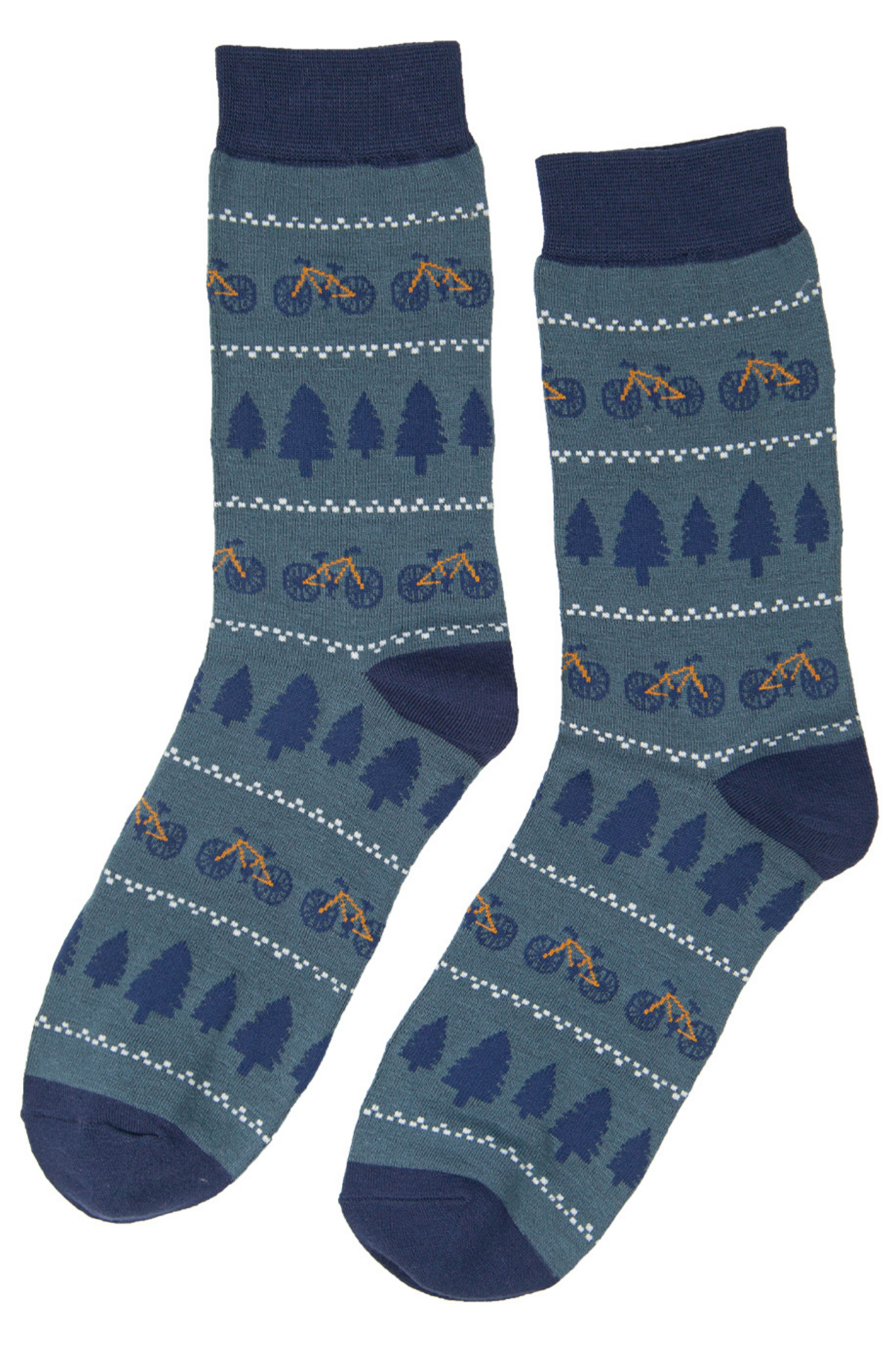 blue bamboo dress socks with all over bicyle print
