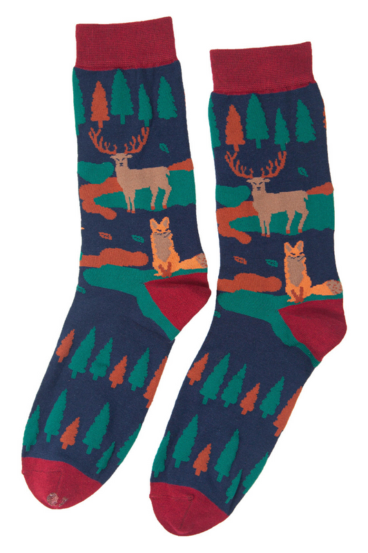 blue, red green bamboo socks with a fox and stag and trees