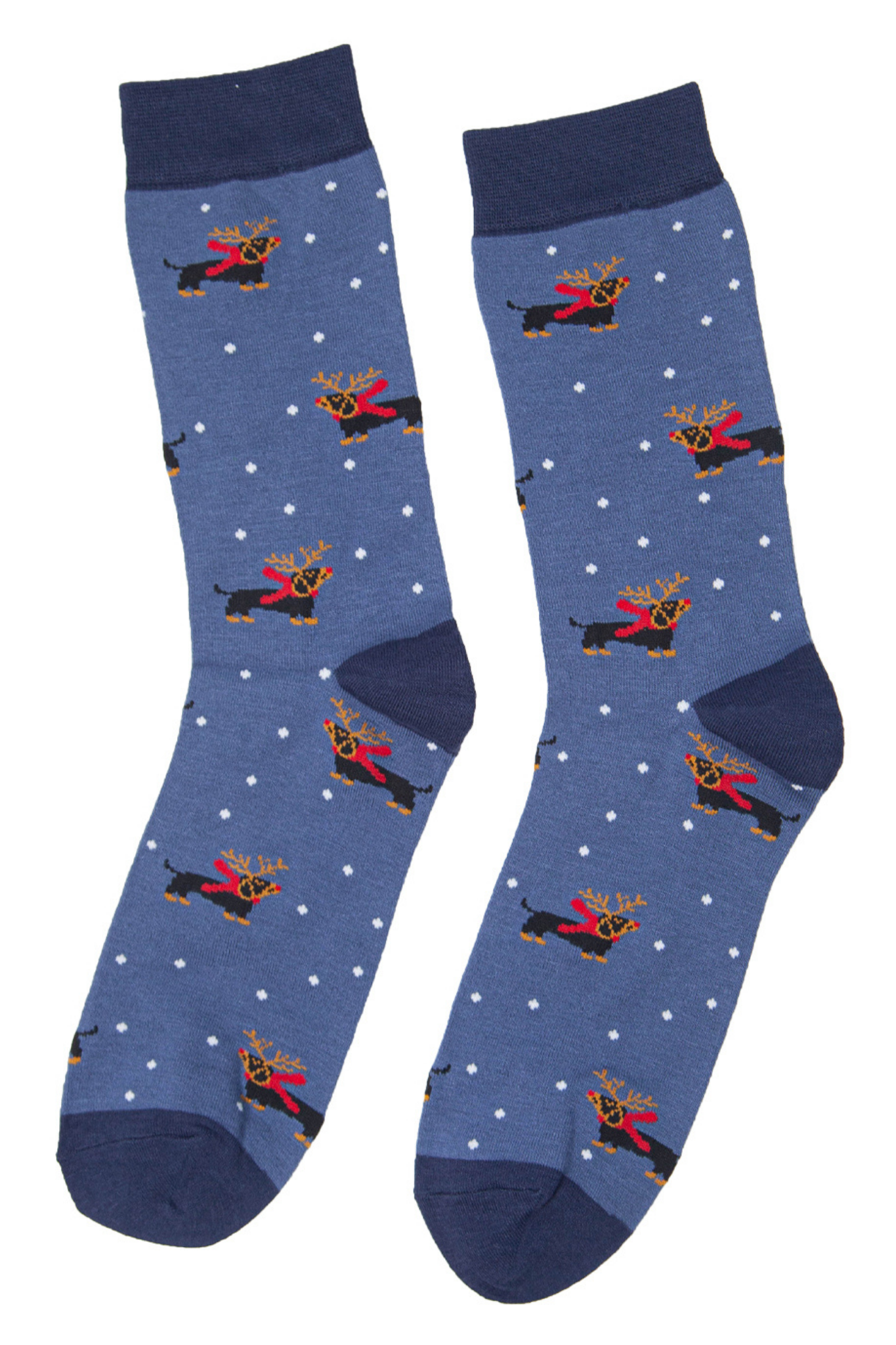 blue xmas novelty socks with dachshunds wearing reindeer antlers