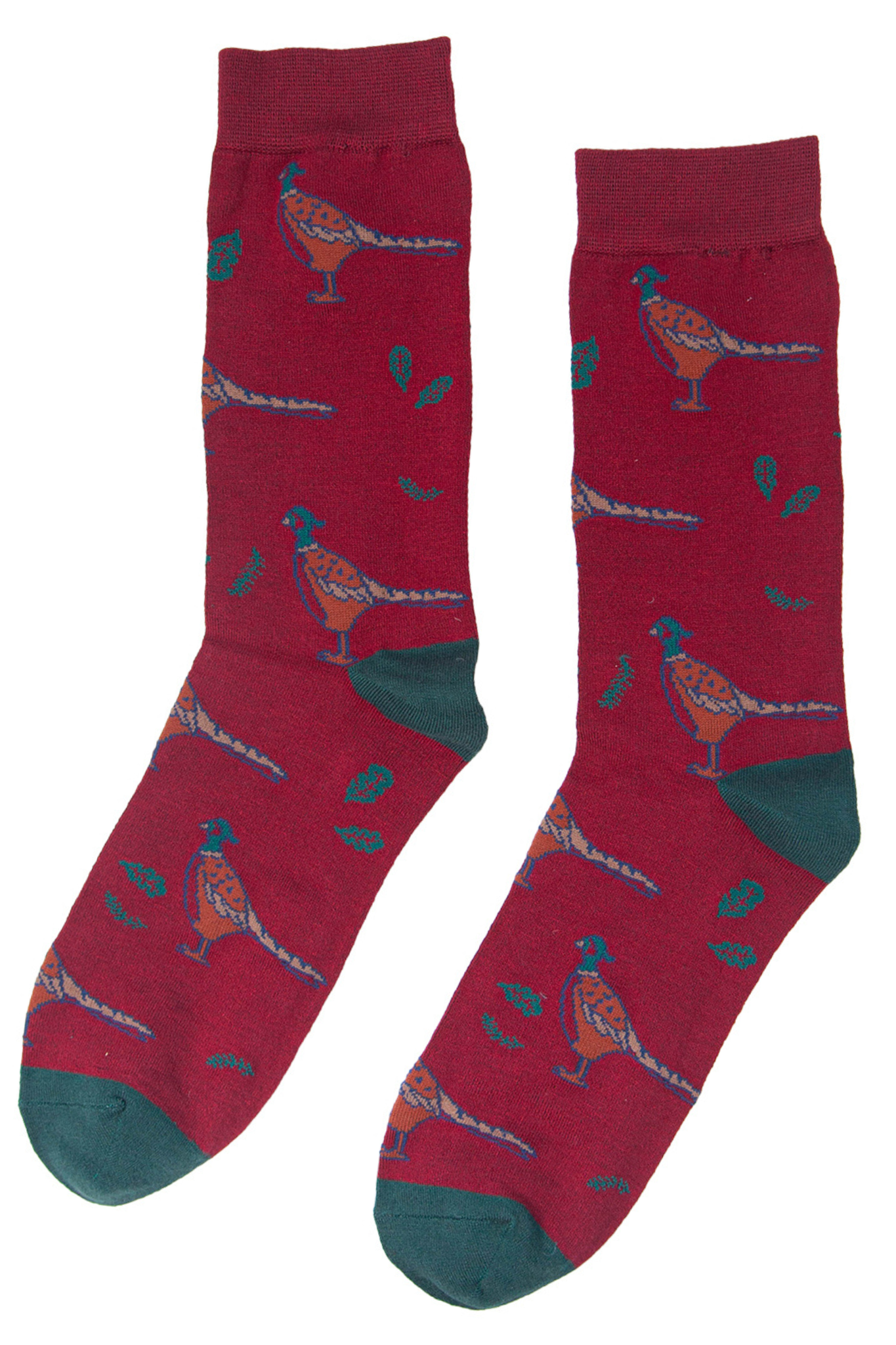 red and green dress socks with pheasant birds 