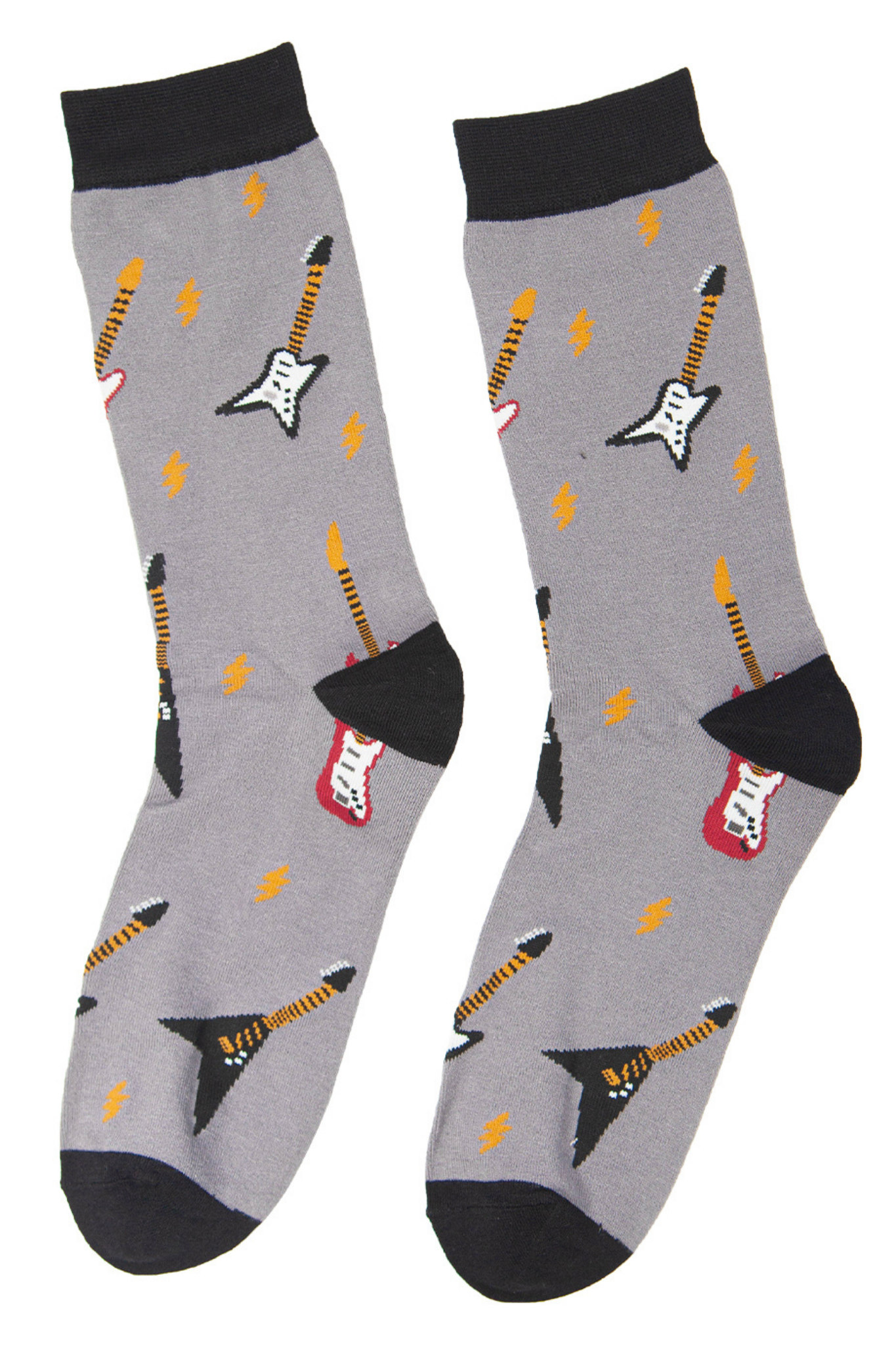 grey dress socks with an electic guitar pattern