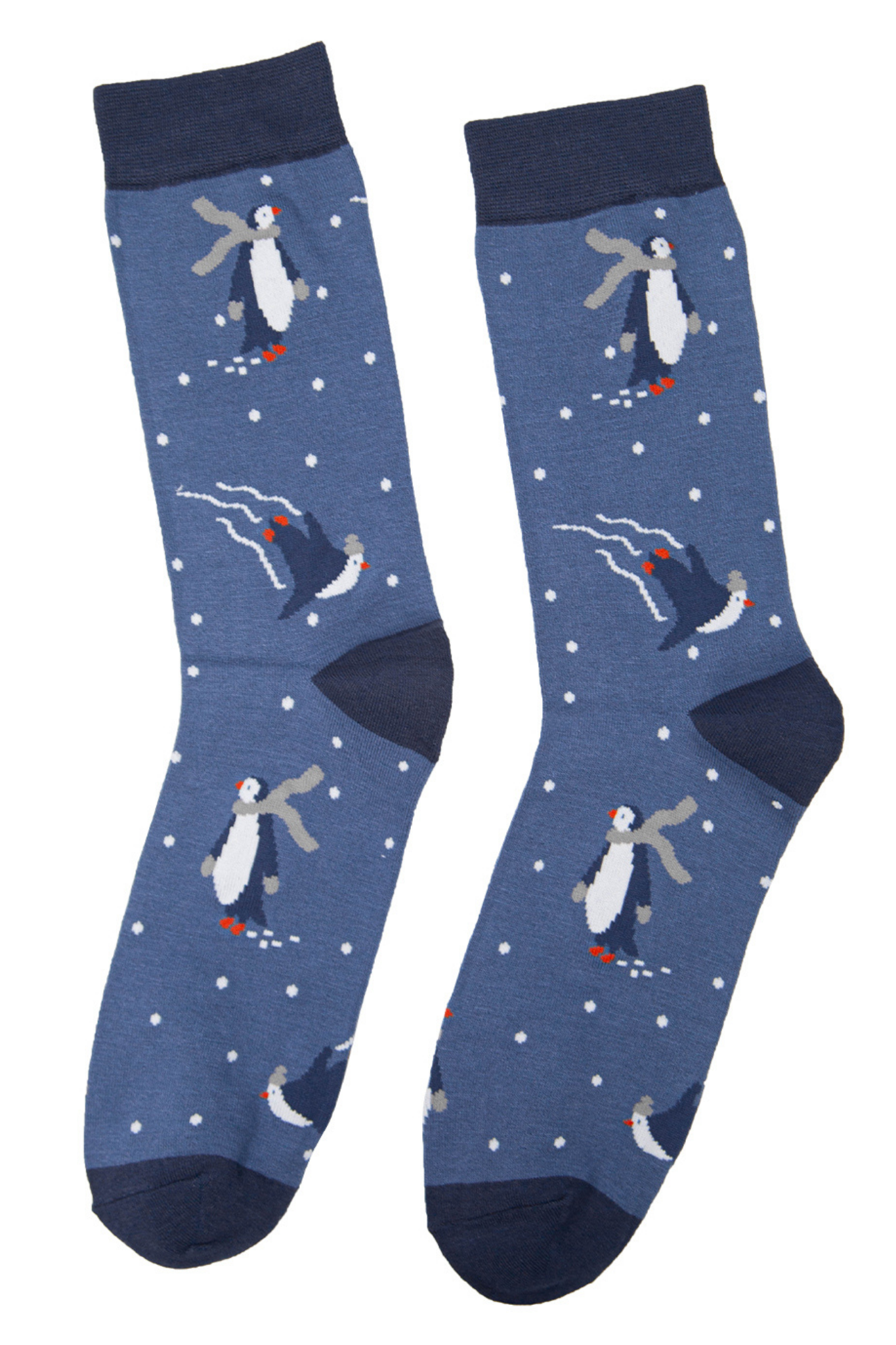 blue dress socks with penguins ice skating in the snow