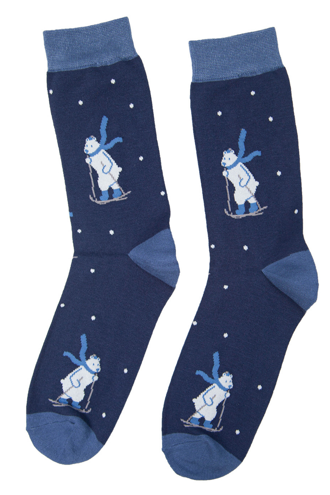 blue xmas polar bear socks, polar bears are on skis