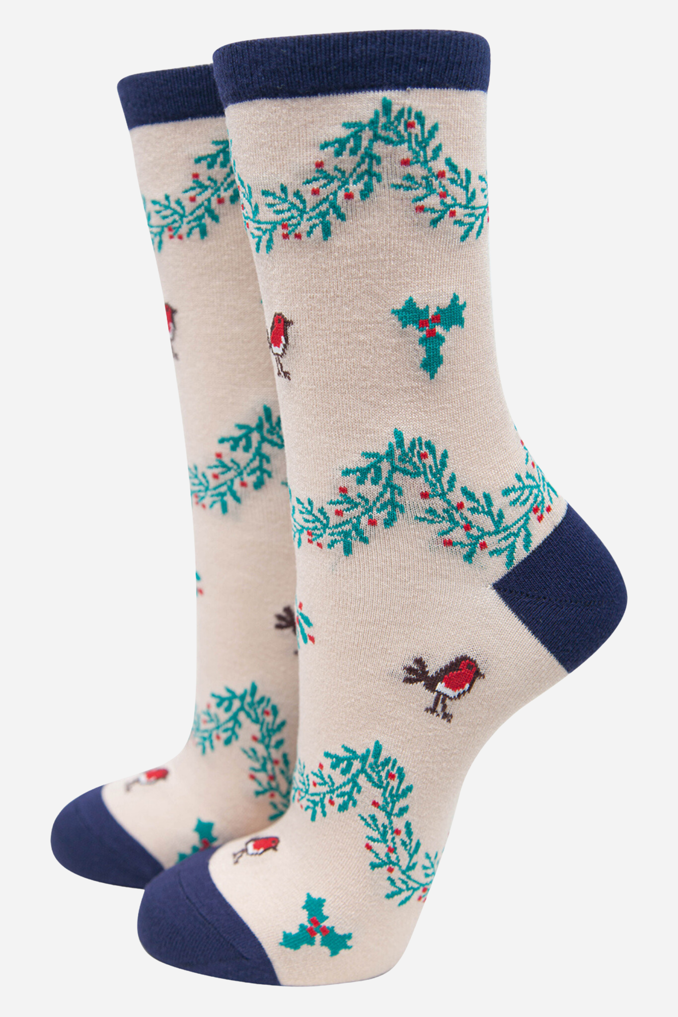 cream bamboo socks with navy blue heel, toe and cuffs with green holly and red robin birds