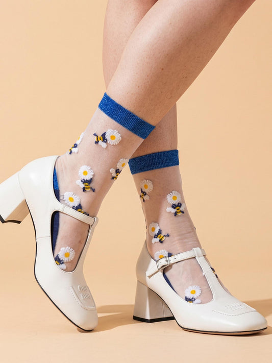 Bees-Flowers-Combed-Cotton-Sheer-Pop-Socks-in-Blue