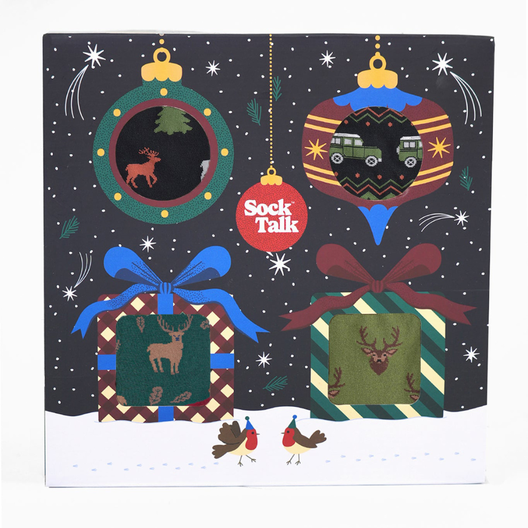 Men's Bamboo Crew Socks Festive Gift Set - Black/Green, Stag & Friends