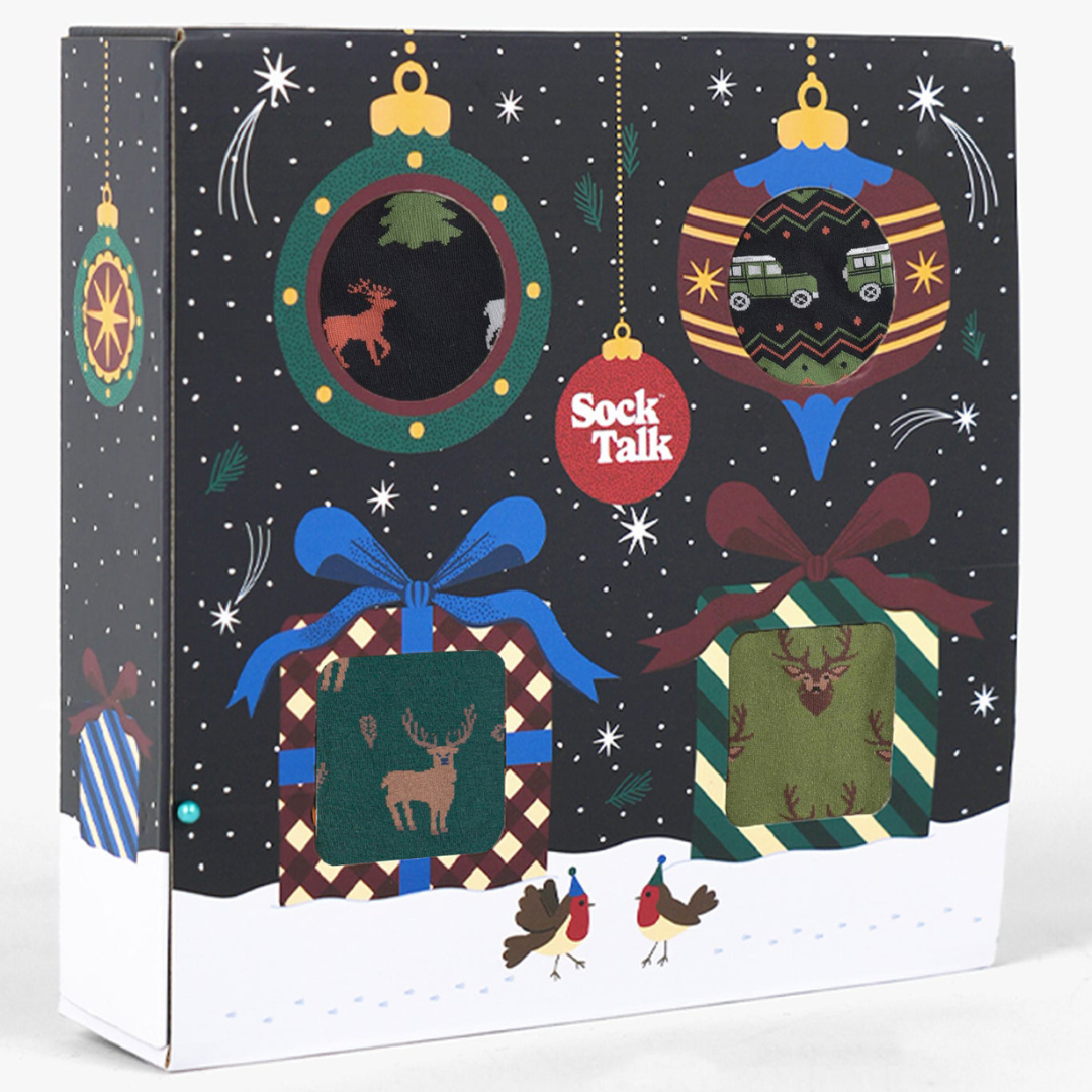 Men's Bamboo Crew Socks Festive Gift Set - Black/Green, Stag & Friends