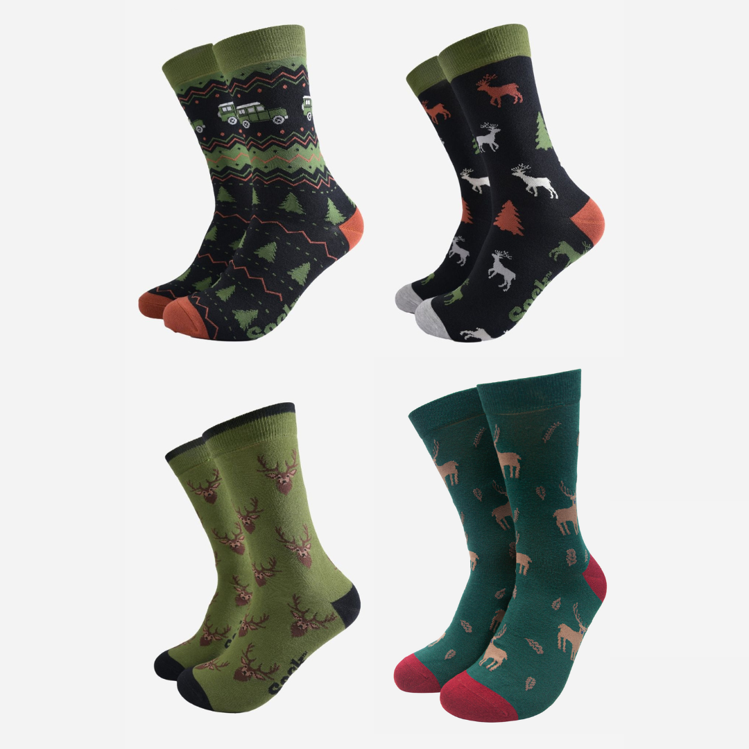 Men's Bamboo Crew Socks Festive Gift Set - Black/Green, Stag & Friends