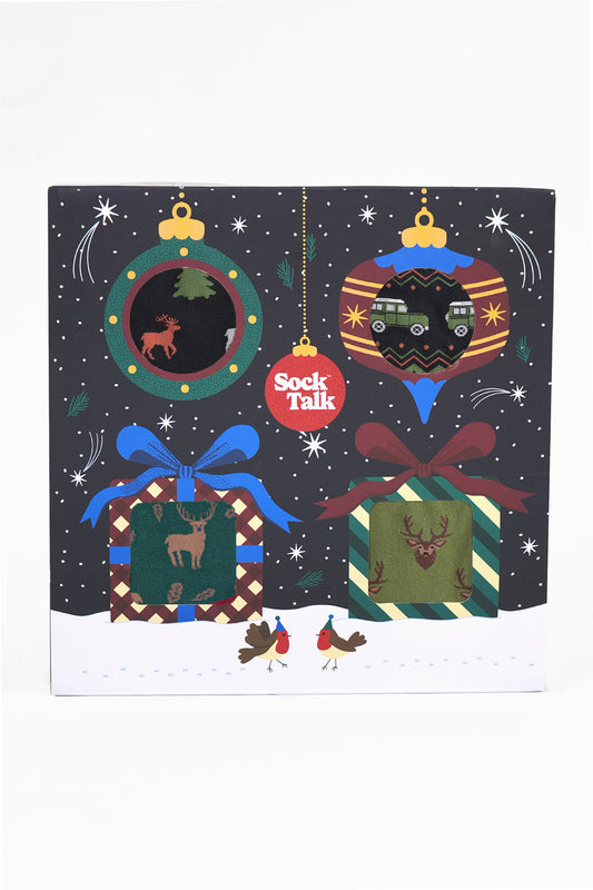 Men's Bamboo Crew Socks Festive Gift Set - Black/Green, Stag & Friends