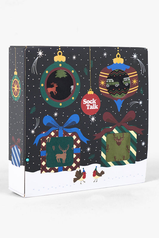 Men's Bamboo Crew Socks Festive Gift Set - Black/Green, Stag & Friends