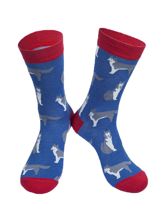 blue and red dress socks with husky dogs