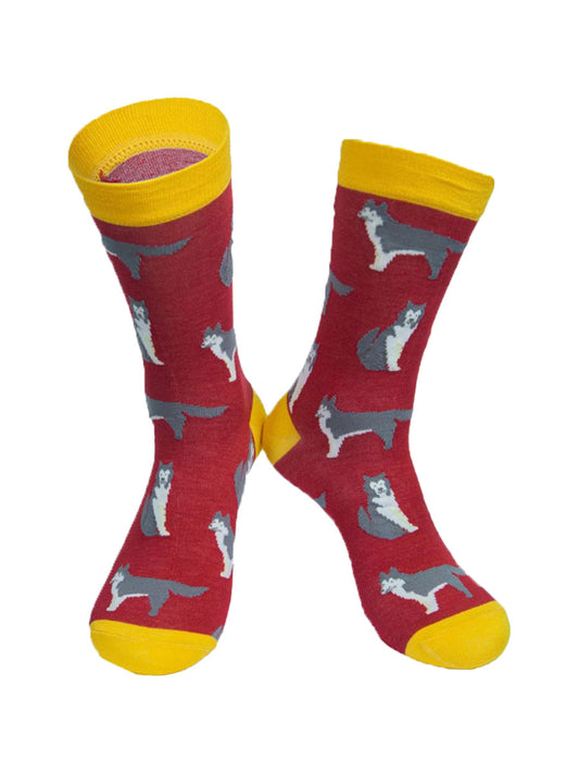 red and yellow men's bamboo dress socks with siberian huskies