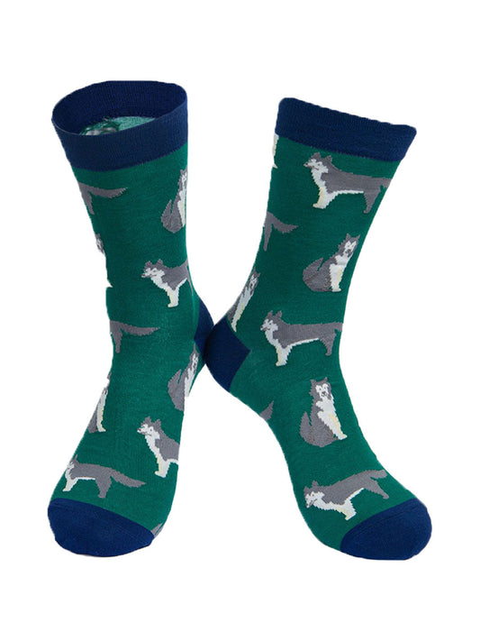 men's green husky dog socks made from bamboo