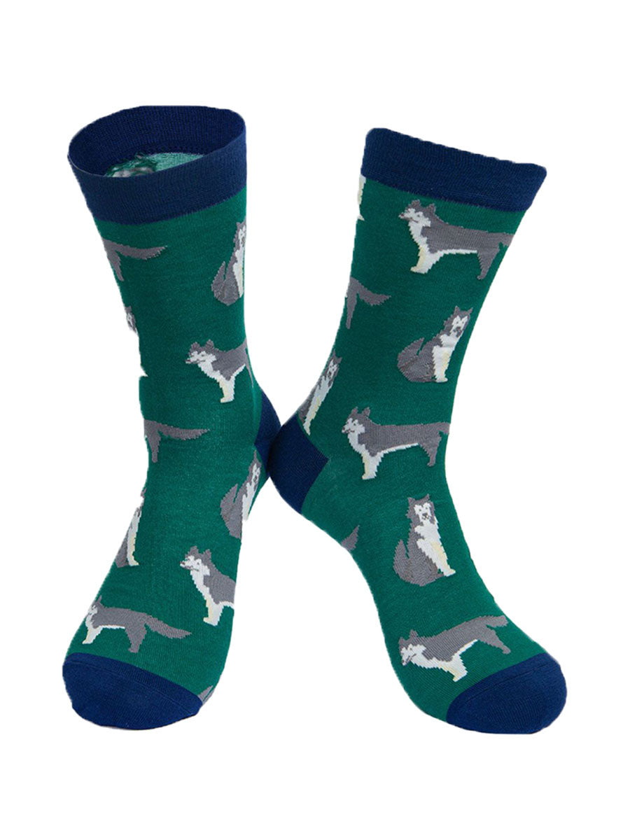 men's green husky dog socks made from bamboo