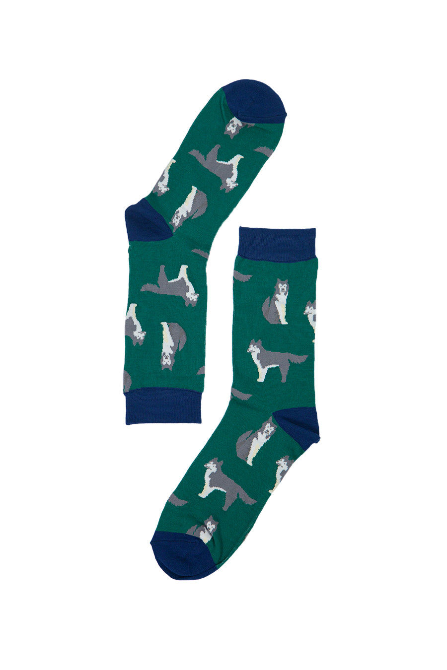 green bamboo dress socks with siberian husky dogs