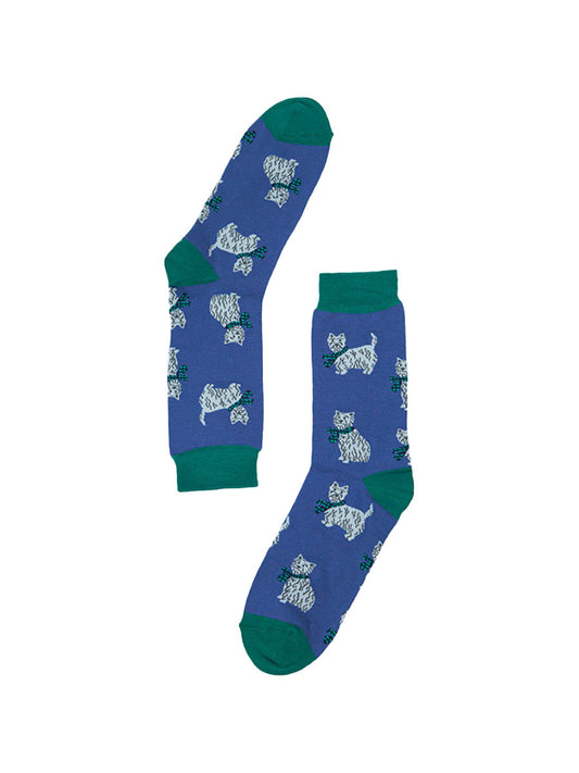 cloes up of the white scottie dog pattern on the blue and green ankle socks