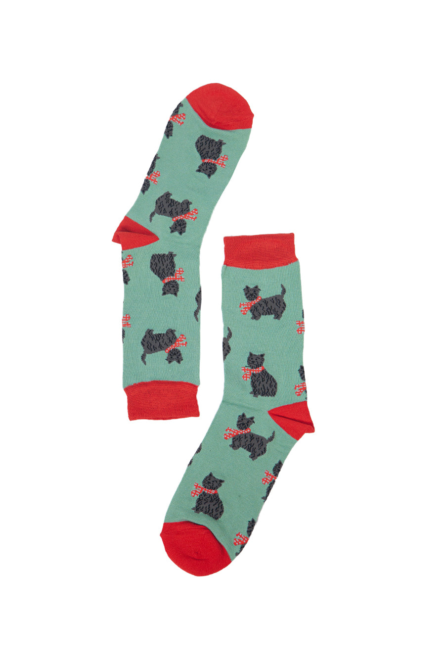 green and red bamboo socks with a west highland terrier print
