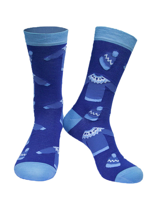 men's blue dress socks with a pattern of winter sweaters and hats